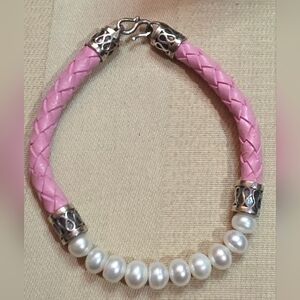 GENUINE PEARL STERLING SILVER 925 PINK LEATHER BRACELET 8 IN